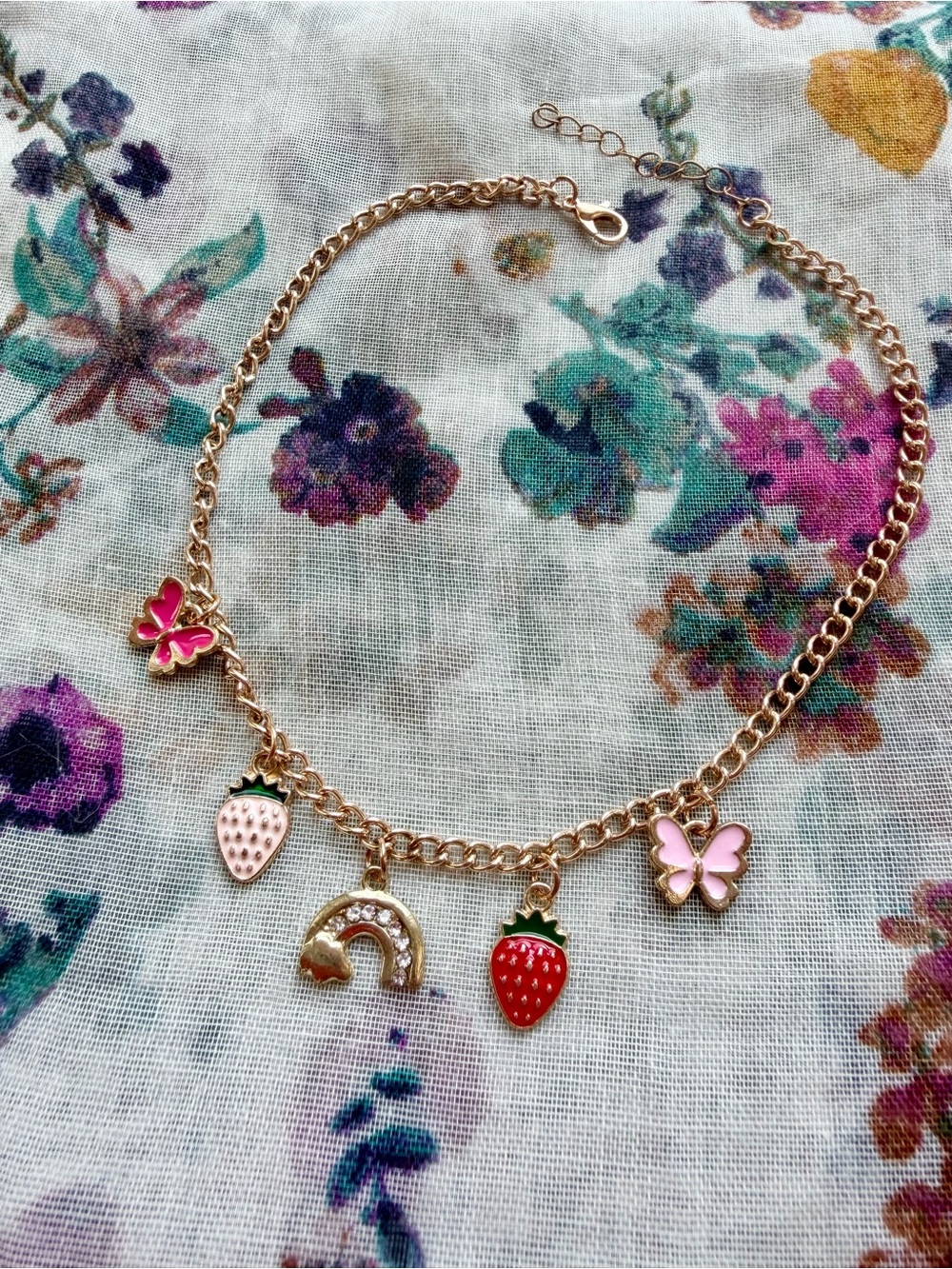 Strawberry Butterfly Enamel Charm Necklace Gold Tone Kids